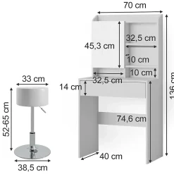 Vicco Coiffeuse Blanc 70cm avec tabouret