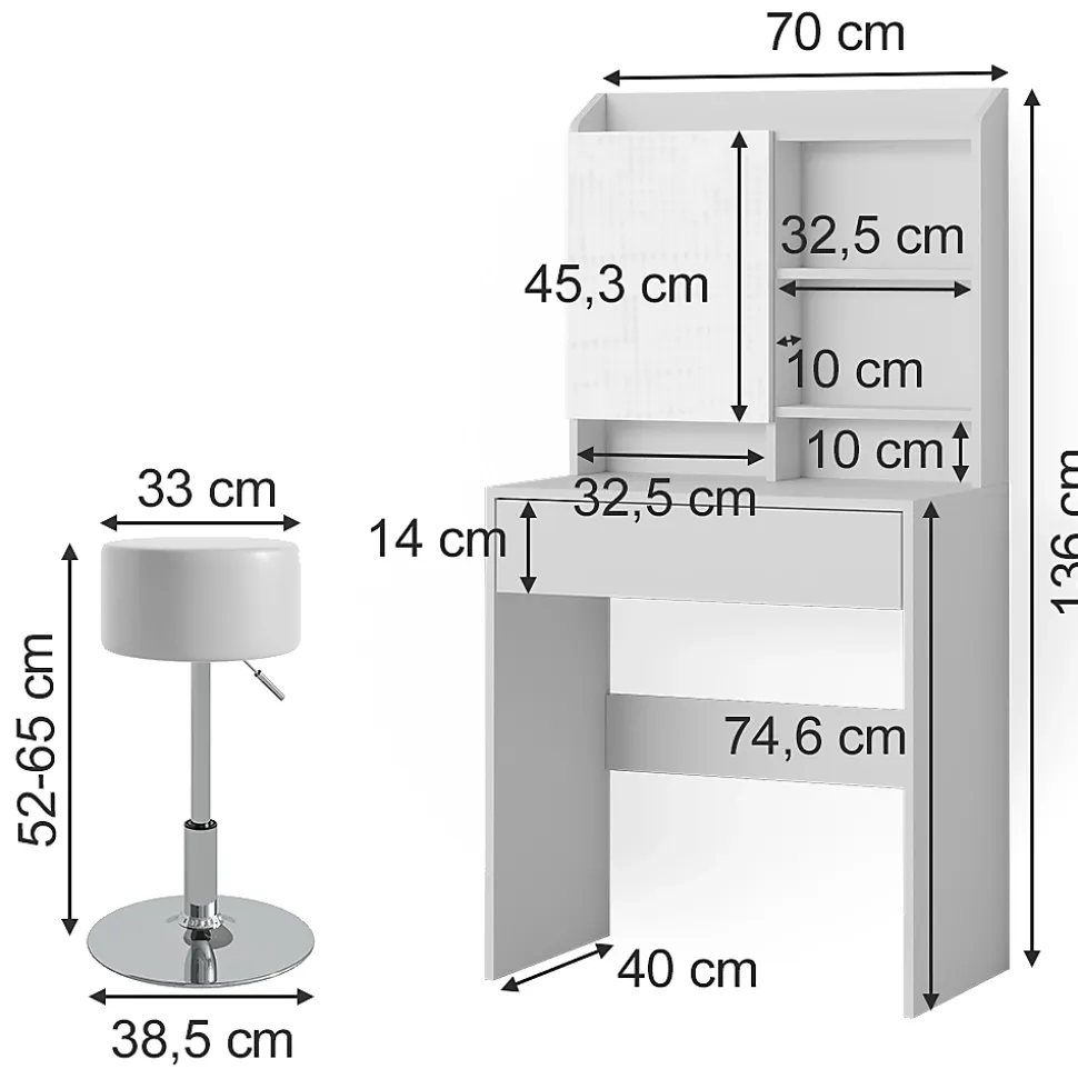 Vicco Coiffeuse Blanc 70cm avec tabouret