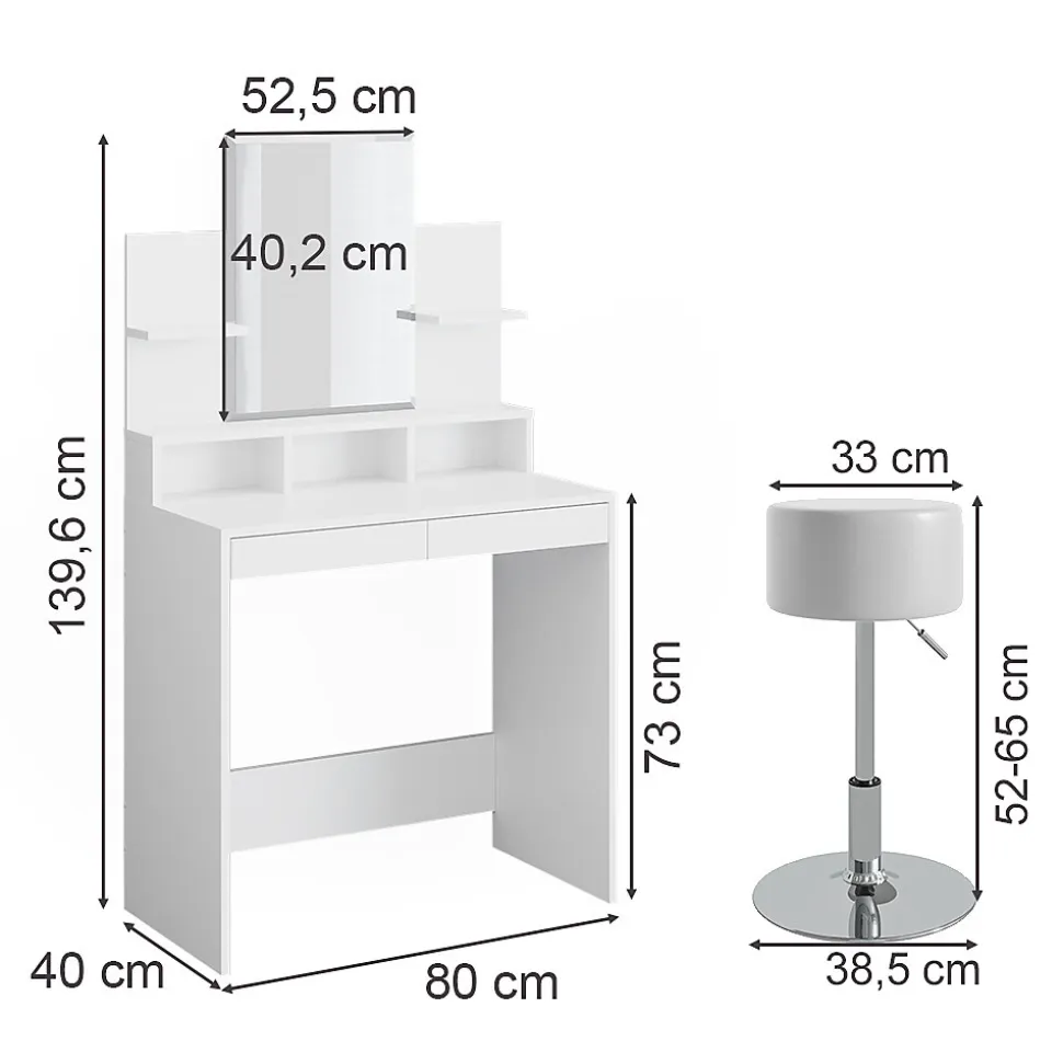 Vicco Coiffeuse Blanc 80cm avec tabouret