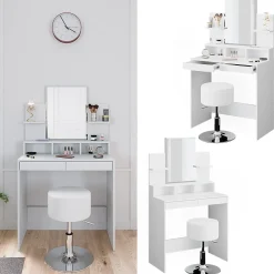 Vicco Coiffeuse Blanc 80cm avec tabouret