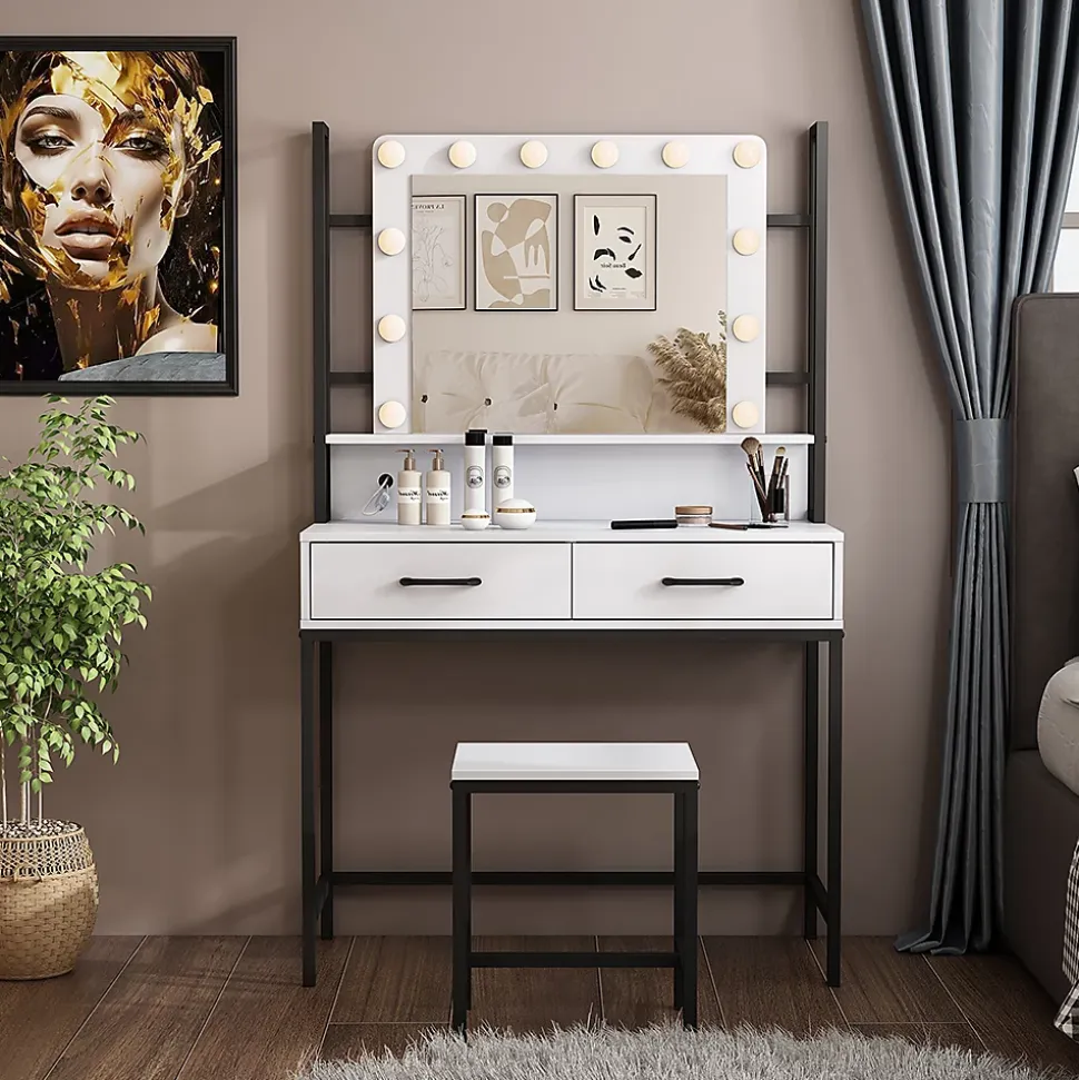 Vicco Coiffeuse Blanc 90cm Avec éclairage LED et tabouret