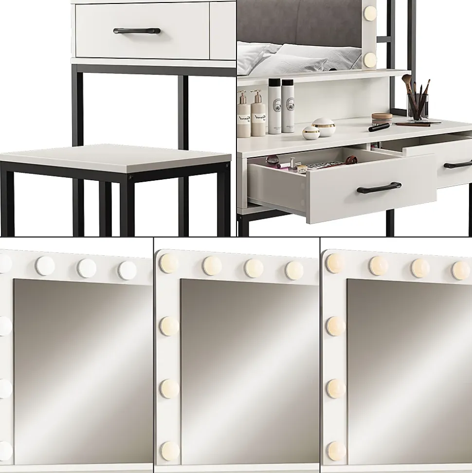Vicco Coiffeuse Blanc 90cm Avec éclairage LED et tabouret