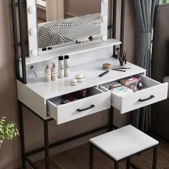 Vicco Coiffeuse Blanc 90cm Avec éclairage LED et tabouret