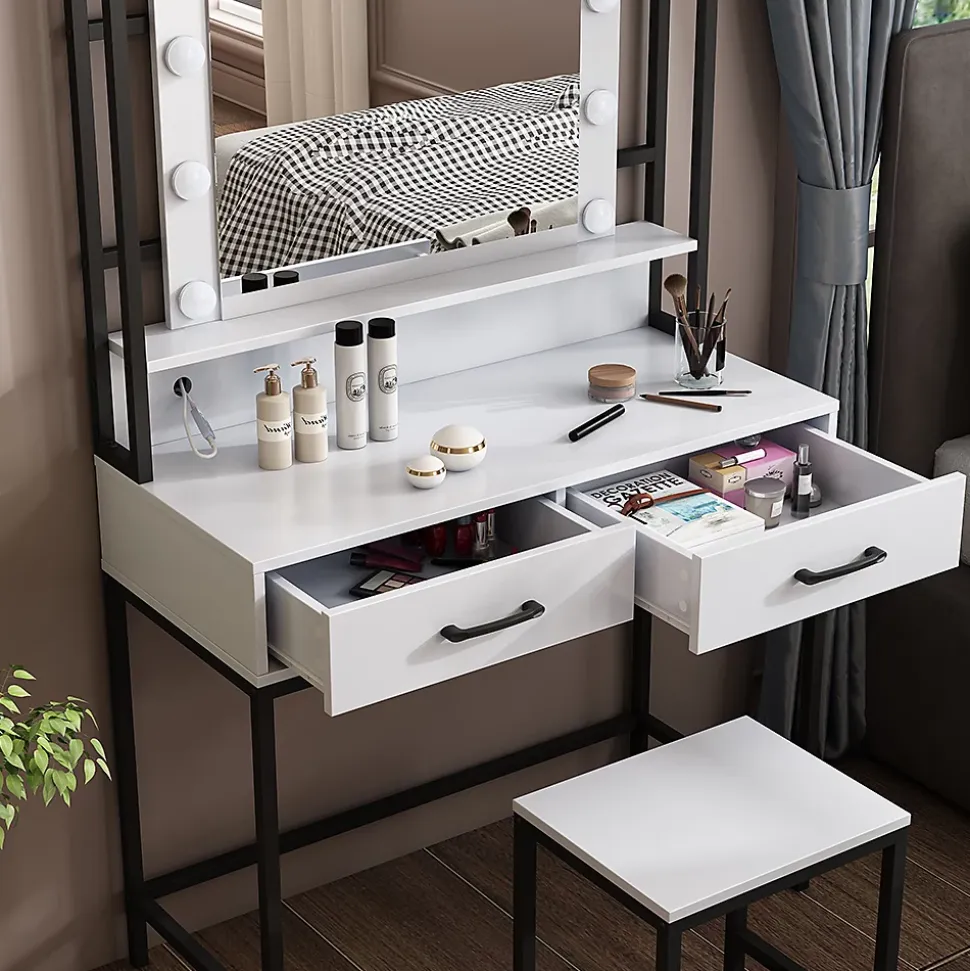 Vicco Coiffeuse Blanc 90cm Avec éclairage LED et tabouret
