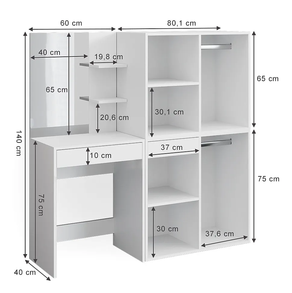 Vicco Coiffeuse Blanc 140cm avec armoires