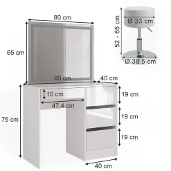 Vicco Coiffeuse Blanc 40cm avec miroir LED et tabouret
