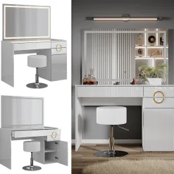 Vicco Coiffeuse Blanc 115cm avec miroir LED et tabouret