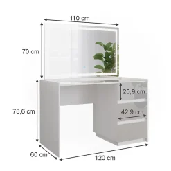 Vicco Coiffeuse Blanc Haute brillance 120cm avec miroir LED