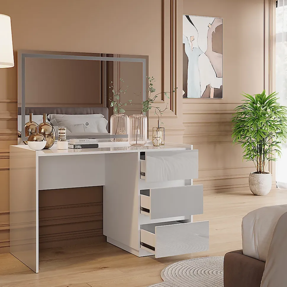 Vicco Coiffeuse Blanc Haute brillance 120cm avec miroir LED