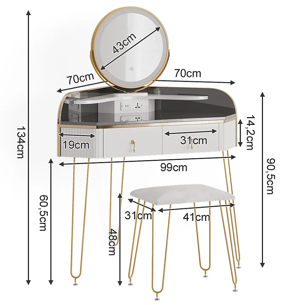 Vicco Coiffeuse Blanc Haute brillance 99cm avec miroir LED, tabouret et USB