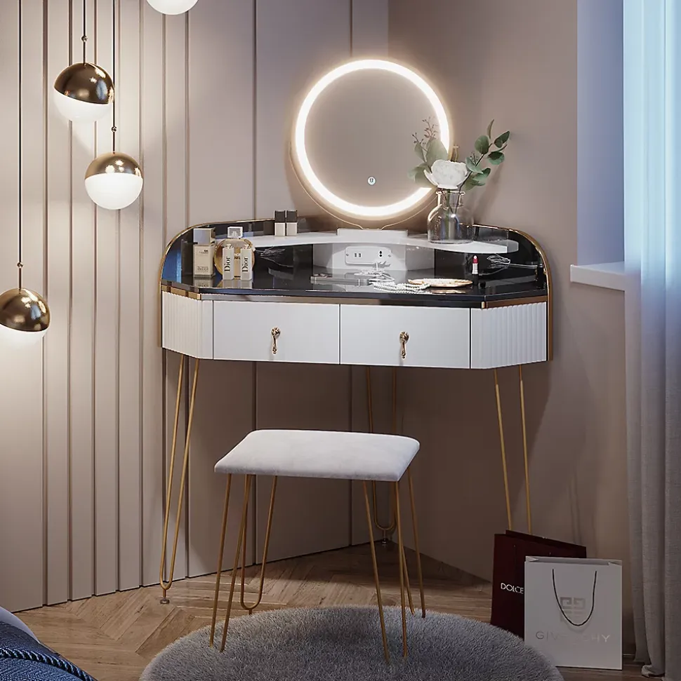 Vicco Coiffeuse Blanc Haute brillance 99cm avec miroir LED, tabouret et USB