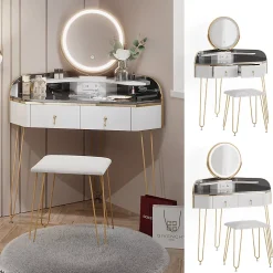 Vicco Coiffeuse Blanc Haute brillance 99cm avec miroir LED, tabouret et USB