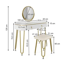 Vicco Coiffeuse Blanc Haute brillance 100cm avec éclairage LED et tabouret