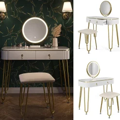 Vicco Coiffeuse Blanc Haute brillance 100cm avec éclairage LED et tabouret