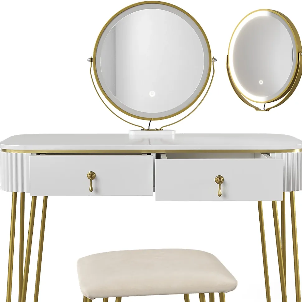 Vicco Coiffeuse Blanc Haute brillance 100cm avec éclairage LED et tabouret