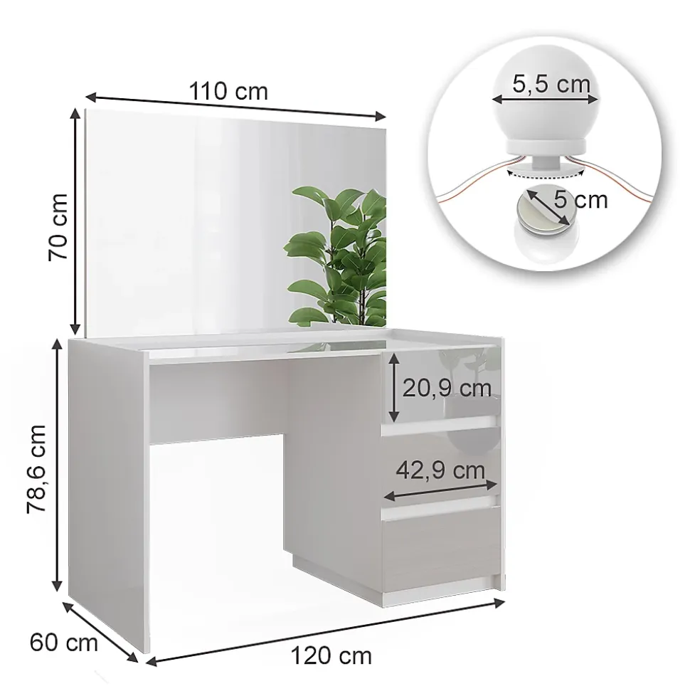 Vicco Coiffeuse Blanc Haute brillance 120cm avec miroir, guirlande lumineuse LED