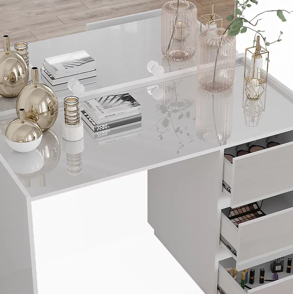 Vicco Coiffeuse Blanc Haute brillance 120cm avec miroir, guirlande lumineuse LED