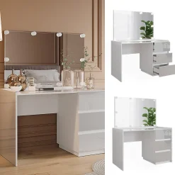 Vicco Coiffeuse Blanc Haute brillance 120cm avec miroir, guirlande lumineuse LED