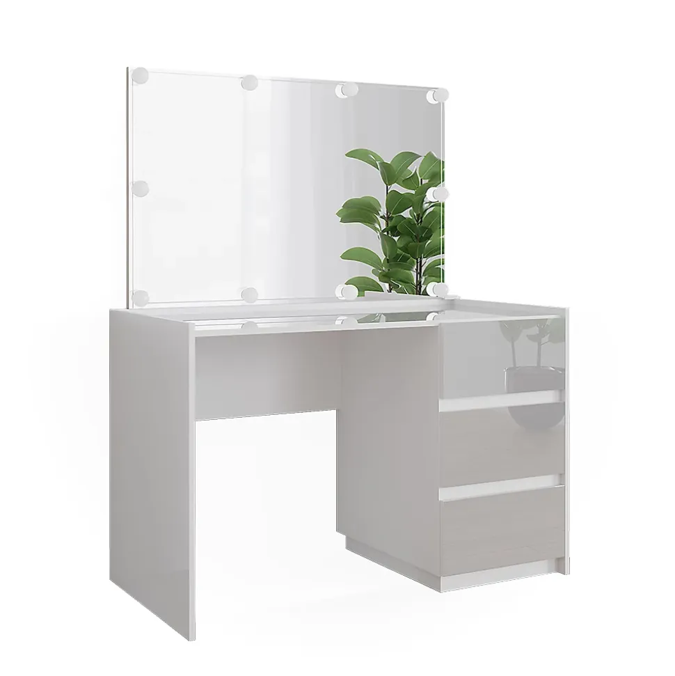 Vicco Coiffeuse Blanc Haute brillance 120cm avec miroir, guirlande lumineuse LED