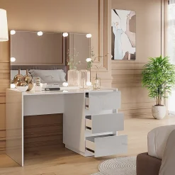 Vicco Coiffeuse Blanc Haute brillance 120cm avec miroir, guirlande lumineuse LED