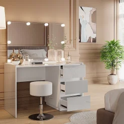 Vicco Coiffeuse Blanc Haute brillance 120cm avec miroir, tabouret, guirlande lumineuse LED