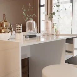 Vicco Coiffeuse Blanc Haute brillance 120cm avec miroir, tabouret, guirlande lumineuse LED
