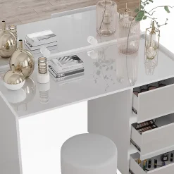 Vicco Coiffeuse Blanc Haute brillance 120cm avec miroir, tabouret, guirlande lumineuse LED