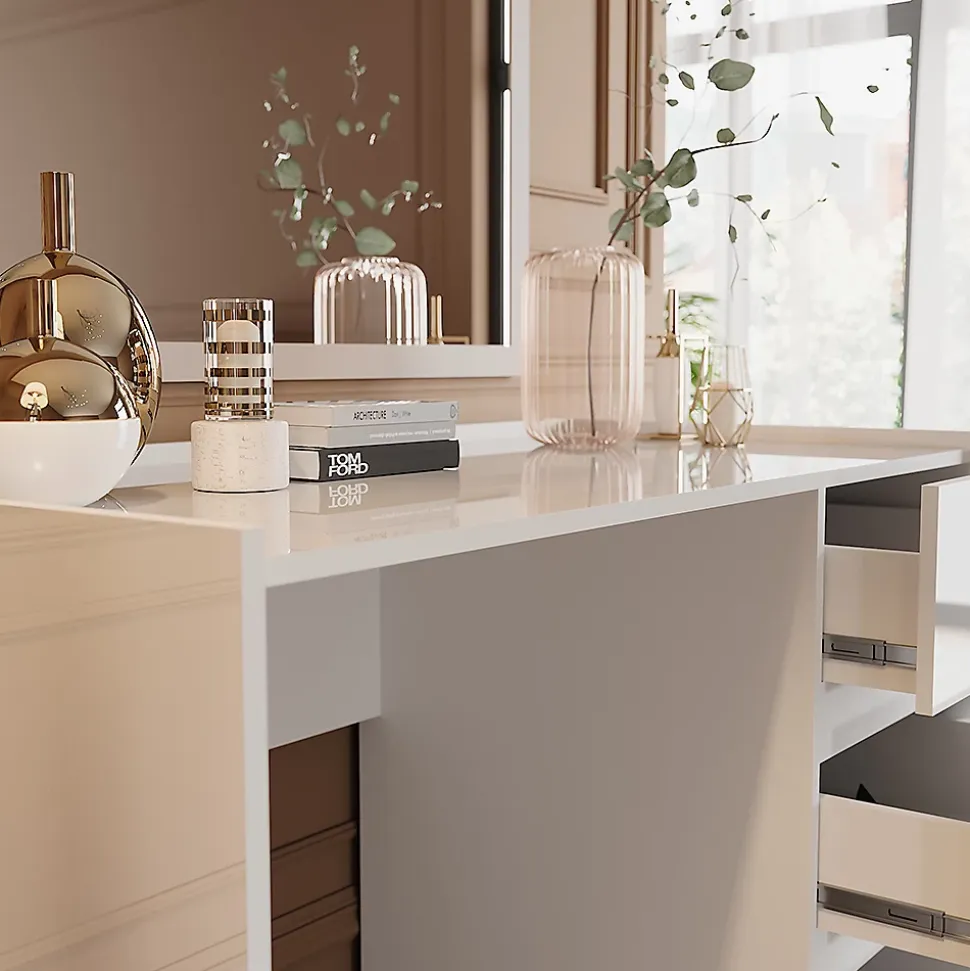 Vicco Coiffeuse Blanc Haute brillance 120cm avec 3 tiroirs