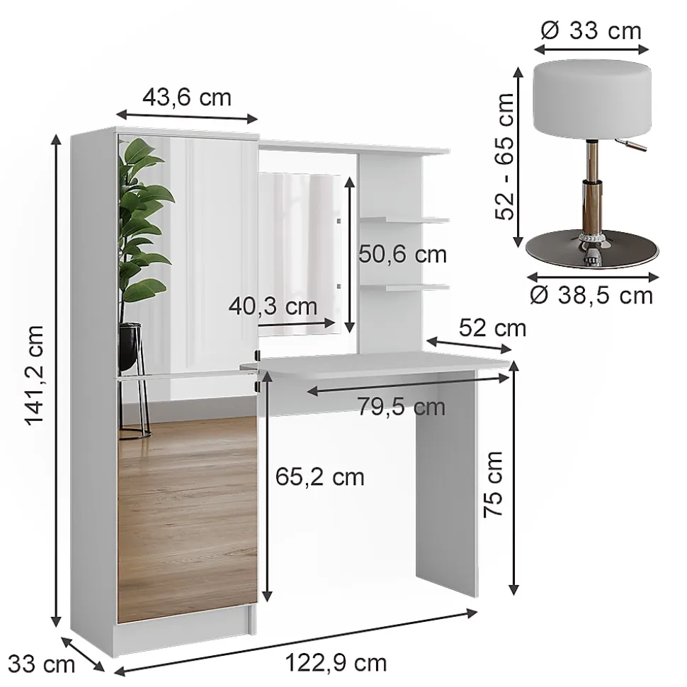 Vicco coiffeuse Blanc 123x141.2cm avec tabouret