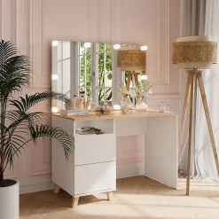 Vicco Coiffeuse Blanc/Artisan 110cm avec guirlande lumineuse LED