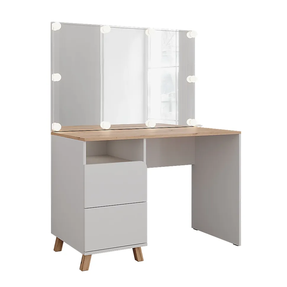 Vicco Coiffeuse Blanc/Artisan 110cm avec guirlande lumineuse LED
