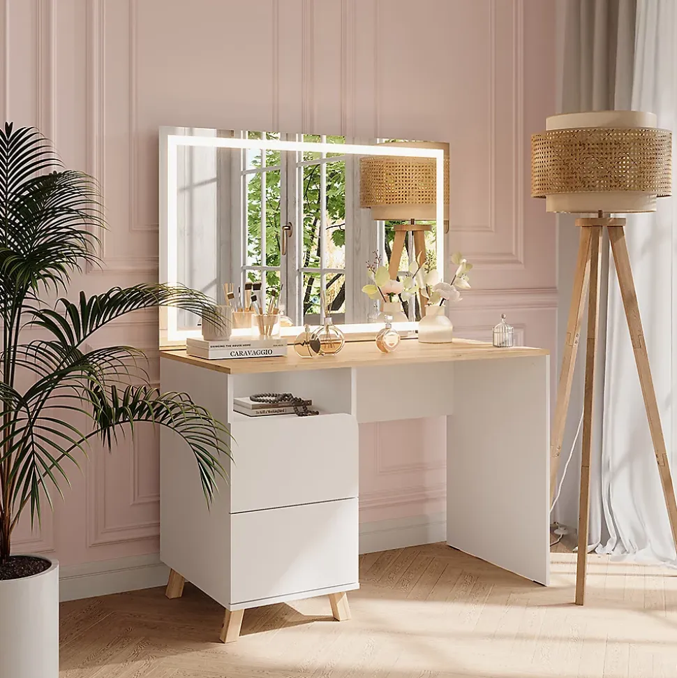 Vicco Coiffeuse Blanc/Artisan 110cm avec miroir LED