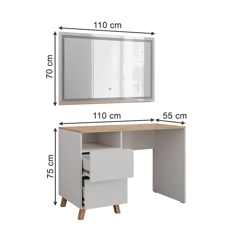 Vicco Coiffeuse Blanc/Artisan 110cm avec miroir LED