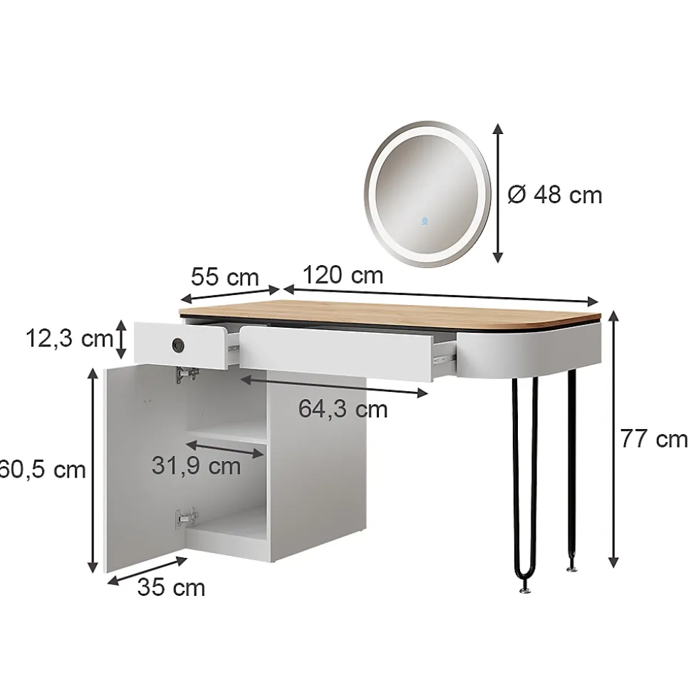 Vicco Coiffeuse Blanc/bois naturel 120cm avec miroir LED