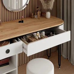 Vicco Coiffeuse Blanc/bois naturel 120cm avec miroir LED