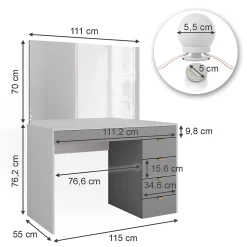 Vicco Coiffeuse Blanc/gris/gris 115cm avec éclairage LED