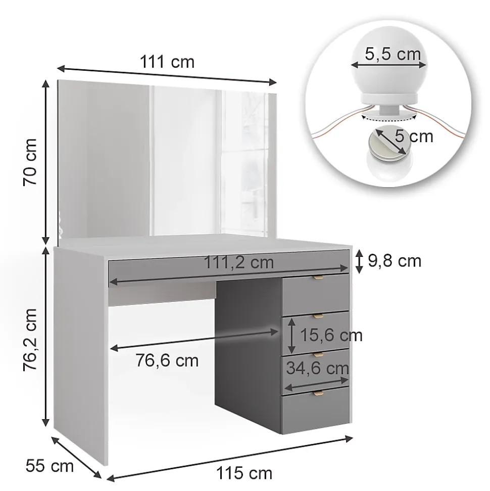 Vicco Coiffeuse Blanc/gris/gris 115cm avec éclairage LED
