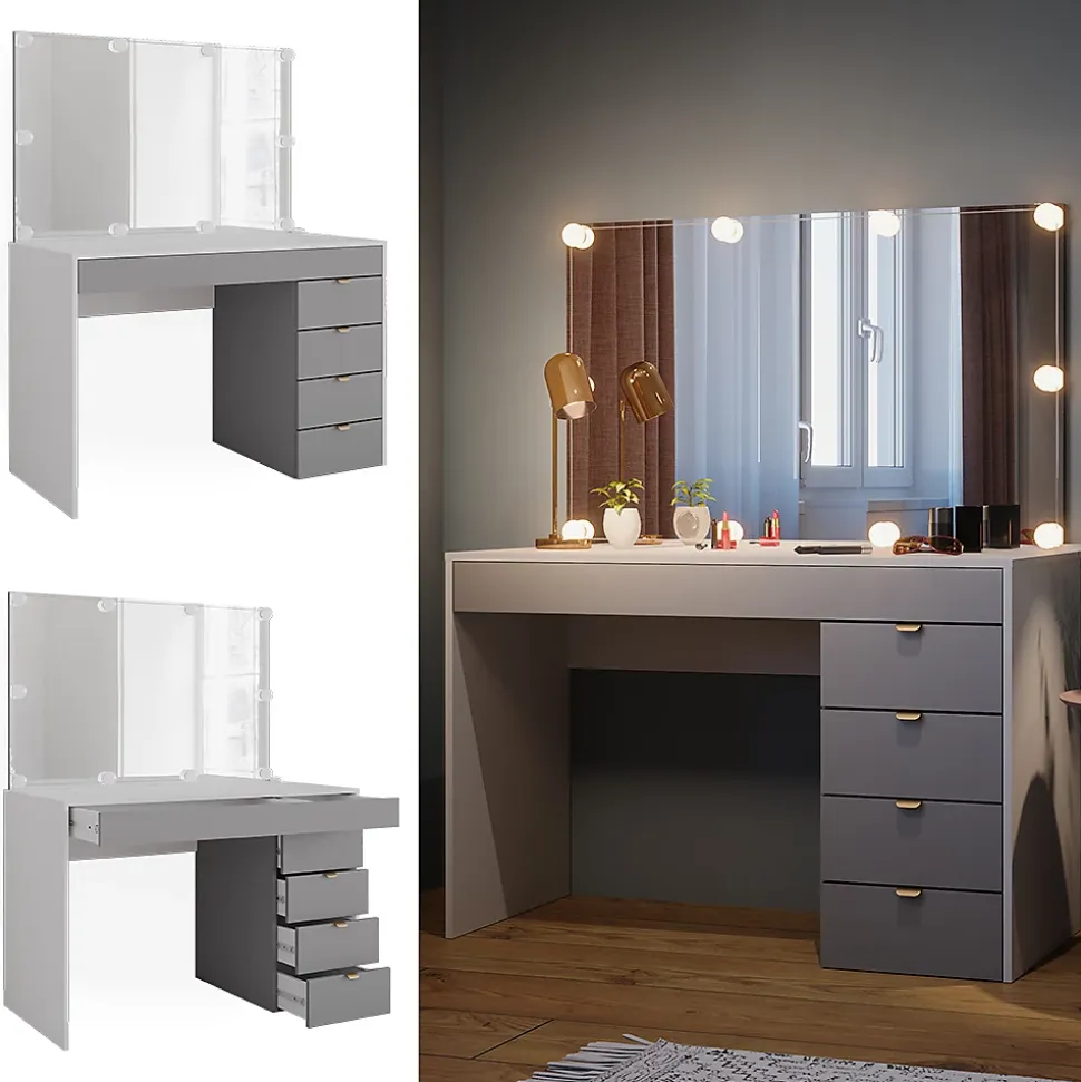 Vicco Coiffeuse Blanc/gris/gris 115cm avec éclairage LED