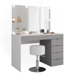 Vicco Coiffeuse Blanc/gris/gris 115cm avec éclairage LED et tabouret