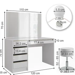 Vicco Coiffeuse Blanc/Or 55cm avec éclairage LED et tabouret