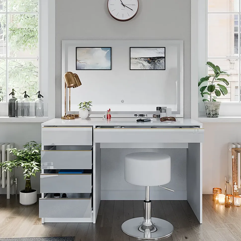 Vicco Coiffeuse Blanc/Or 55cm avec miroir LED et tabouret
