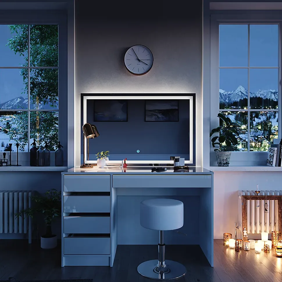 Vicco Coiffeuse Blanc/Or 55cm avec miroir LED et tabouret
