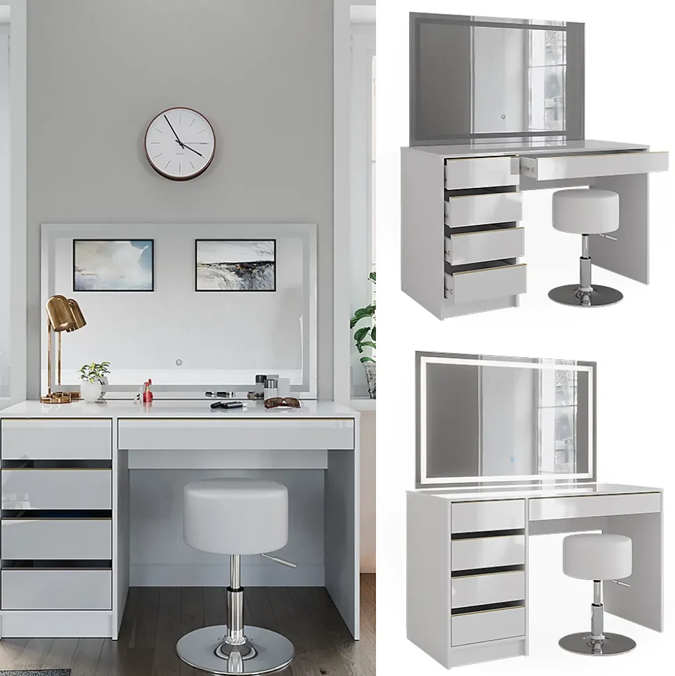 Vicco Coiffeuse Blanc/Or 55cm avec miroir LED et tabouret