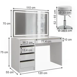 Vicco Coiffeuse Blanc/Or 55cm avec miroir LED et tabouret