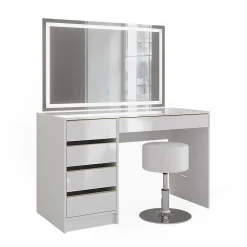 Vicco Coiffeuse Blanc/Or 55cm avec miroir LED et tabouret