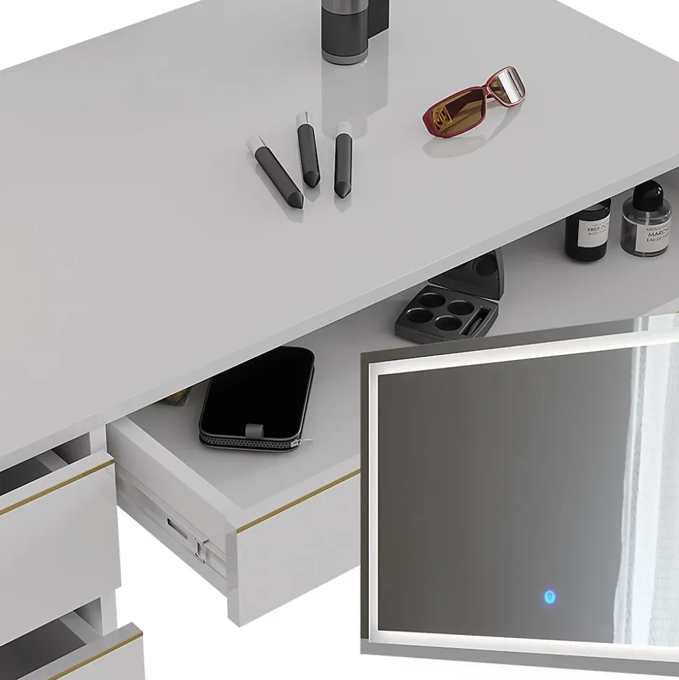 Vicco Coiffeuse Blanc/Or 55cm avec miroir LED et tabouret