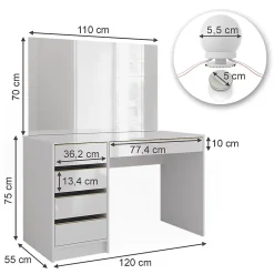 Vicco Coiffeuse Blanc/Or 55cm avec éclairage LED
