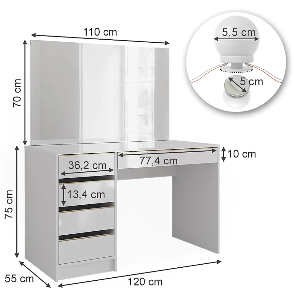 Vicco Coiffeuse Blanc/Or 55cm avec éclairage LED