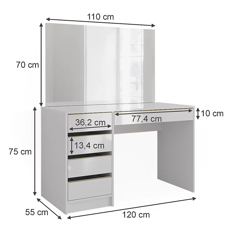 Vicco Coiffeuse Blanc/Or 55cm avec miroir