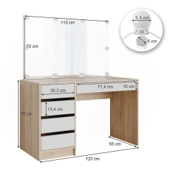 Vicco Coiffeuse Blanc/Sonoma 55cm avec éclairage LED